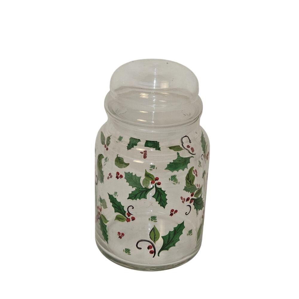 Vintage Libbey glass jar with Holly and Berry Christmas Design 5" X 3"